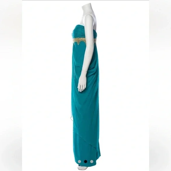 Marchesa Teal Strapless pleated and draped silk Dress with Gold beaded accent. - Picture 10 of 13